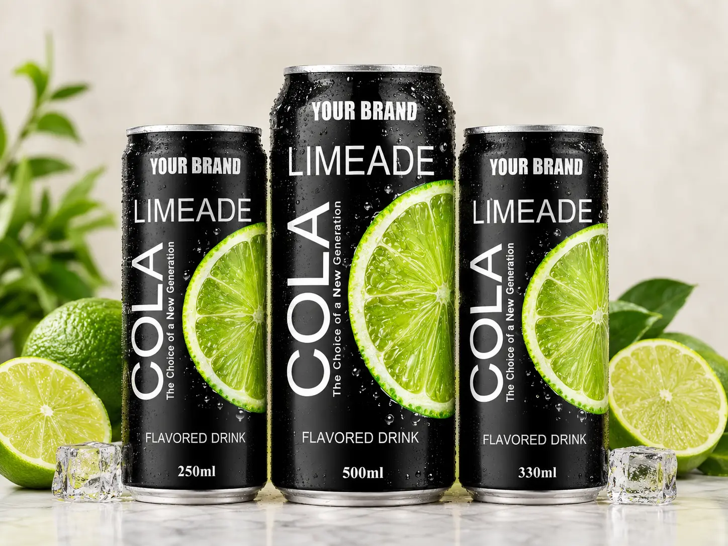 COLA DRINK Limeade flavour in 250ml, 500ml, and 330ml cans.
